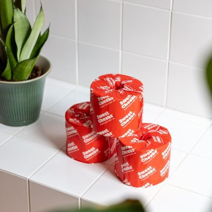 Sweet Cheeks 3-Ply Toilet Roll on Bathroom Tiles